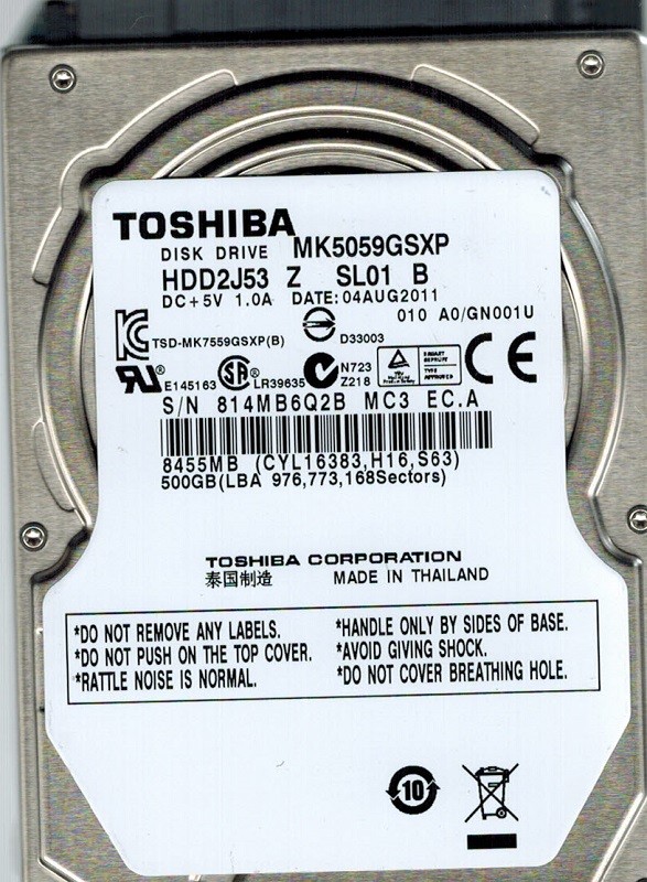Toshiba MK5059GSXP 500GB HDD2J53 Z SL01 B THAILAND
