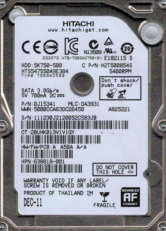 Hitachi HTS547550A9E384 P/N: 0J15341 500GB MLC: DA3931
