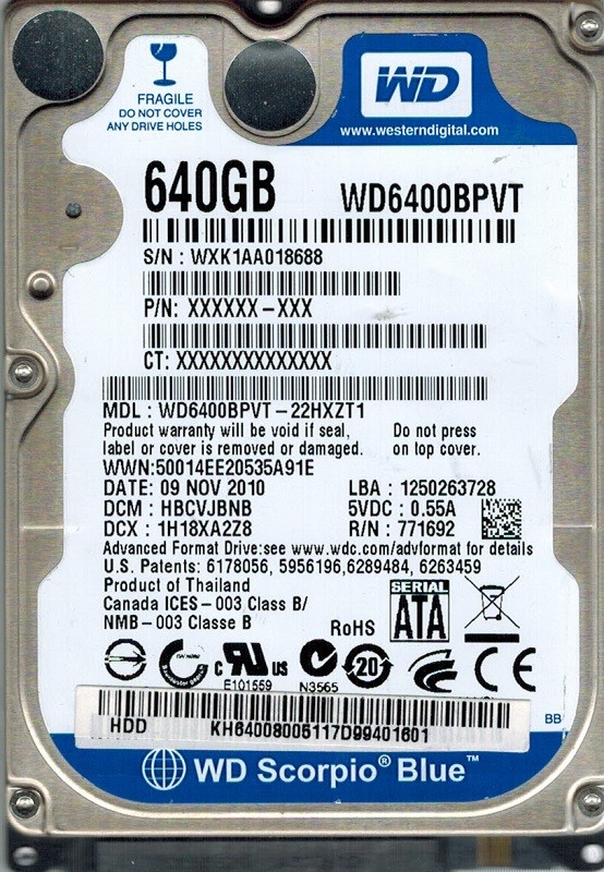 Western Digital WD6400BPVT-22HXZT1 640GB DCM: HBCVJBNB