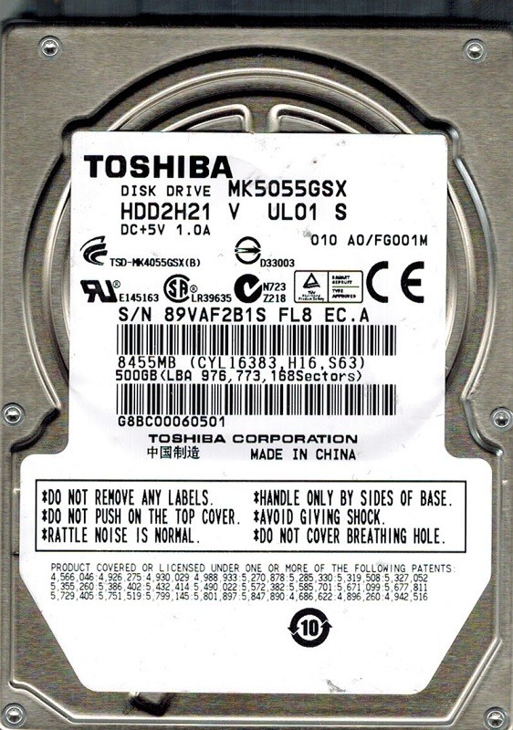 Toshiba MK5055GSX 500GB SATA HDD2H21 V UL01 S CHINA