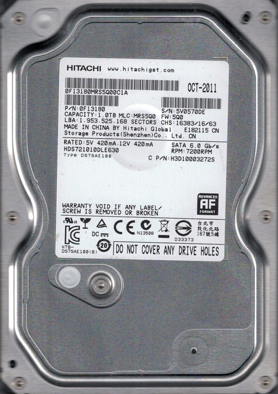 Hitachi HDS721010DLE630 P/N: 0F13180 MLC: MRS5Q0 1TB