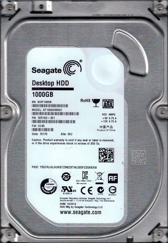 ST1000DM003 P/N: 1ER162-301 F/W: CC45 WU W4Y Seagate 1TB