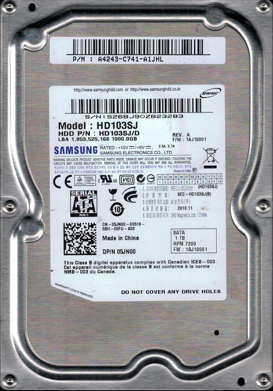 Samsung HD103SJ/D P/N: A4243-C741-A1JHL F/W: 1AJ10001 1TB