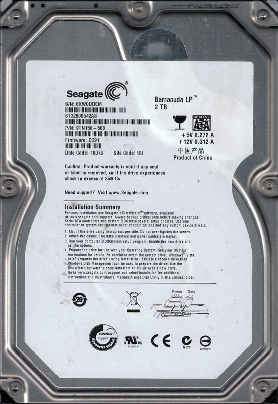 Seagate ST32000542AS P/N: 9TN158-568 F/W: CC91 2TB SU 6XW