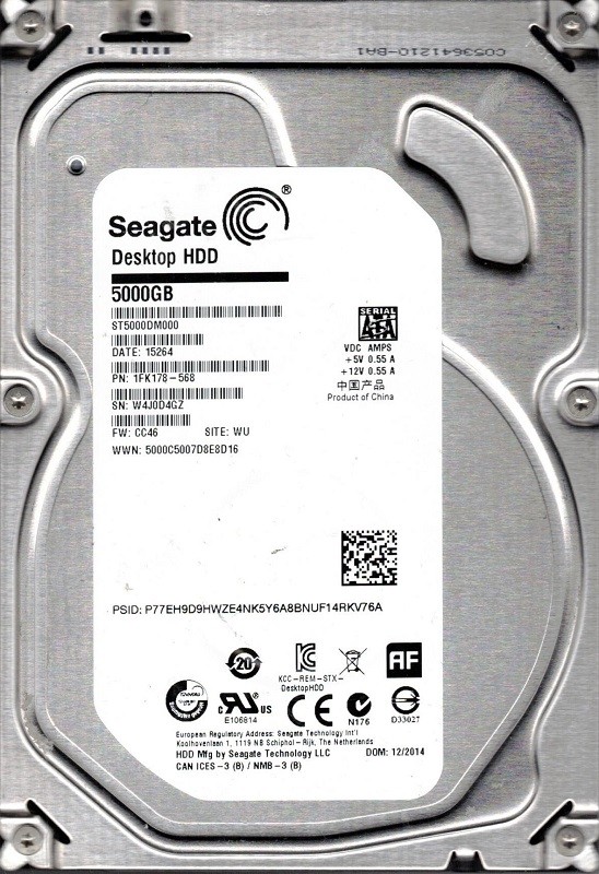 ST5000DM000 P/N: 1FK178-568 F/W: CC46 WU W4J Seagate 5TB Desktop Hard Drive