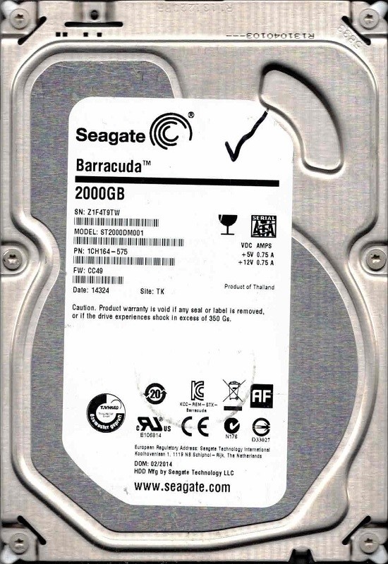 ST2000DM001 P/N: 1CH164-575 F/W: CC49 TK Z1F 02/2014 Seagate 2TB