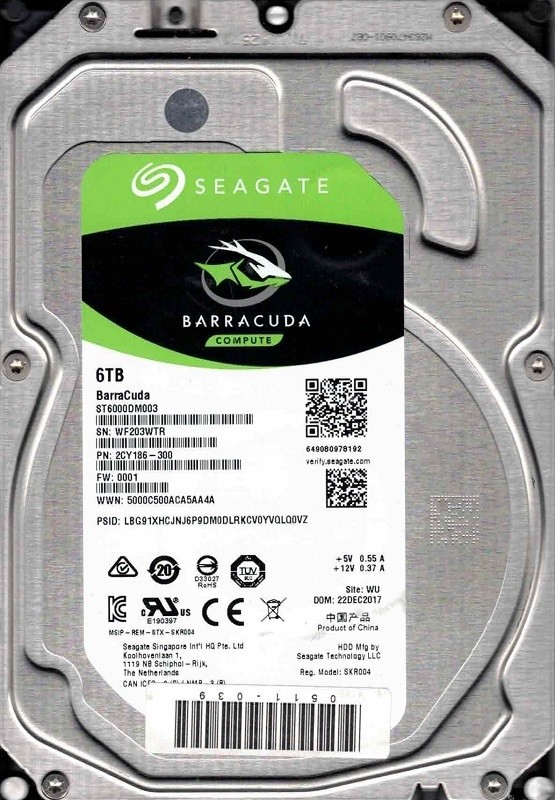 ST6000DM003 P/N: 2CY186-300 F/W: 0001 WU WF20 DEC 2017 Seagate 6TB