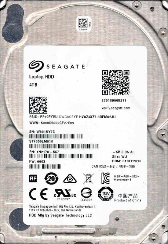 ST4000LM016 F/W: 0003 P/N: 1N2170-567 WU W801 SEP 2016 Seagate 4TB