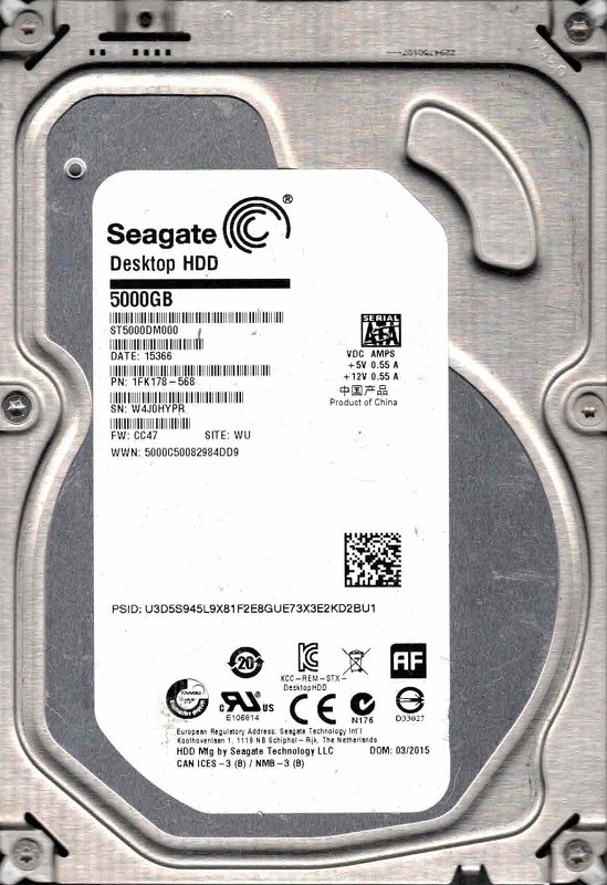 ST5000DM000 P/N: 1FK178-568 F/W: CC47 WU W4J0 03/2015 Seagate 5TB