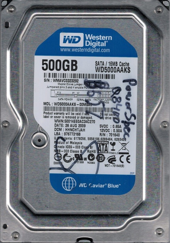 WD5000AAKS-00M9A0 DCM: HHNCHTJAH WMAVC Western Digital 500GB