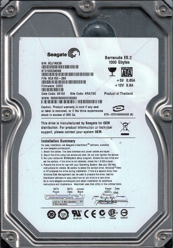 Seagate ST31000340NS F/W: G003 P/N: 9CA158-269 1TB KRATSG