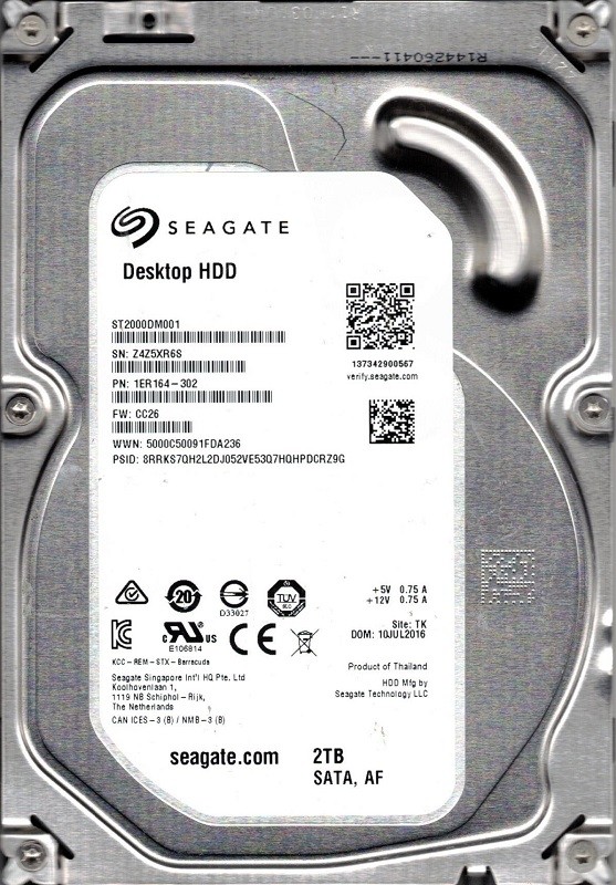 ST2000DM001 P/N: 1ER164-302 F/W: CC26 TK Z4Z Seagate 2TB