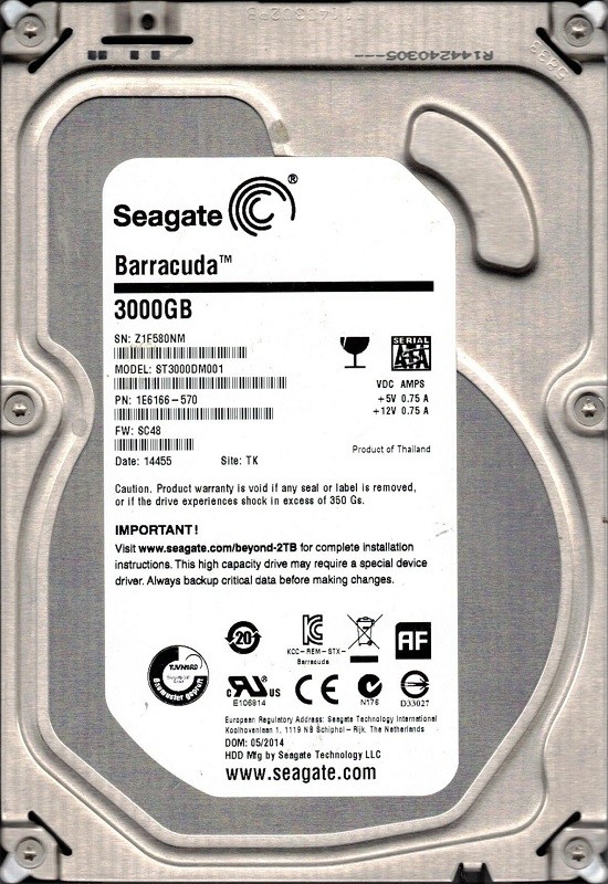 Seagate ST3000DM001 F/W: SC48 P/N: 1E6166-570 TK 3TB Z1F