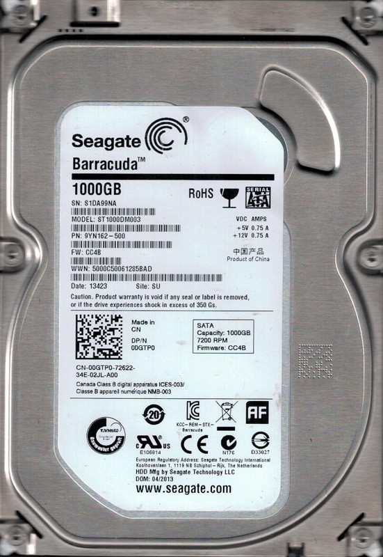 Seagate ST1000DM003 P/N: 9YN162-500 F/W: CC4B S1D 1TB SU