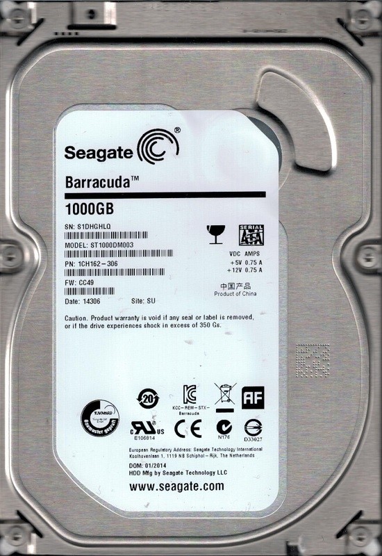 ST1000DM003 P/N: 1CH162-306 F/W: CC49 SU S1D Seagate 1TB