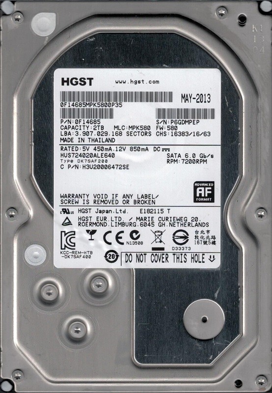 HUS724020ALE640 P/N: 0F14685 MLC: MPK580 2TB HGST