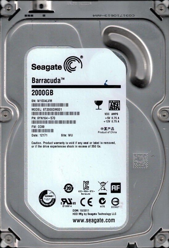 Seagate ST2000DM001 P/N: 9YN164-570 F/W: CC99 WU W1E0 2TB