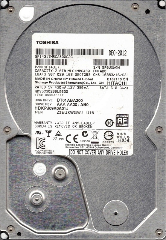 Toshiba DT01ABA200 HDS5C3020BLE630 P/N: 9F14317 MLC: MRCAB0 2TB