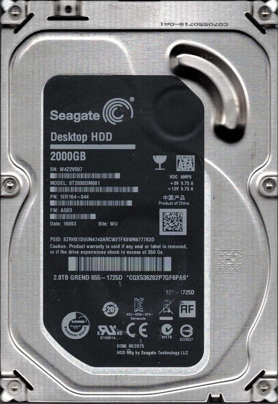 ST2000DM001 P/N: 1ER164-044 F/W: AQ03 WU W4Z2 MAC 655-1725D 2TB Seagate