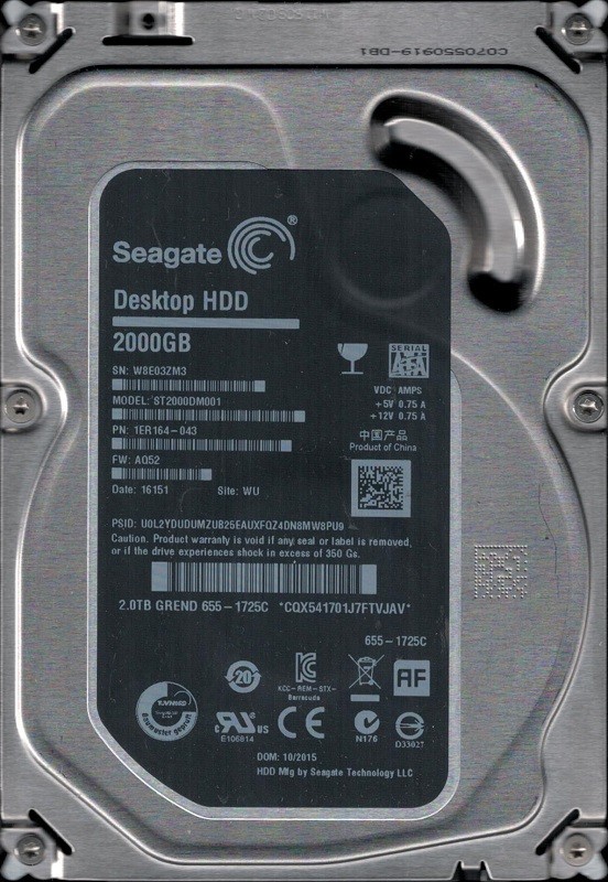 ST2000DM001 P/N: 1ER164-043 F/W: AQ52 WU W8E MAC 655-1725C 2TB Seagate