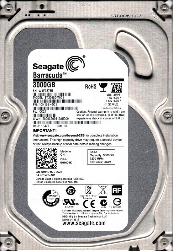 Seagate ST3000DM001 P/N: 1CH166-501 F/W: CC24 3TB SU W1F