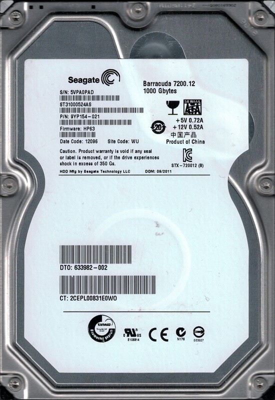 ST31000524AS P/N: 9YP154-021 F/W: HP63 WU Seagate 1TB 5VP