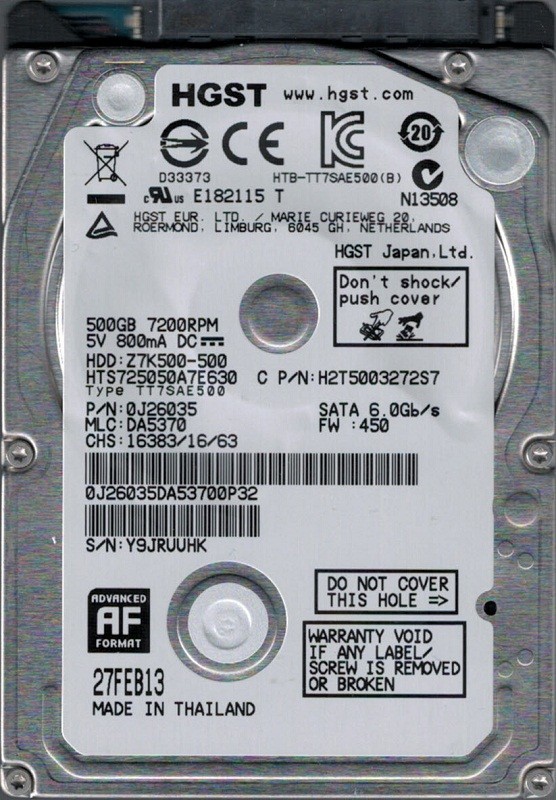 HTS725050A7E630 P/N: 0J26035 MLC: DA5370 HGST 500GB