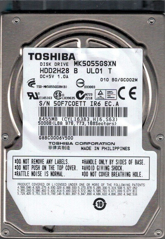 MK5055GSXN HDD2H28 B UL01 T F/W: B0/GC002M Philippines Toshiba 500GB