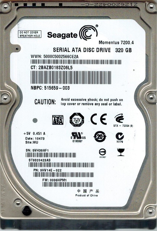 Seagate ST9320423AS P/N:  9HV14E-022 F/W: 0006HPM1 WU 320GB