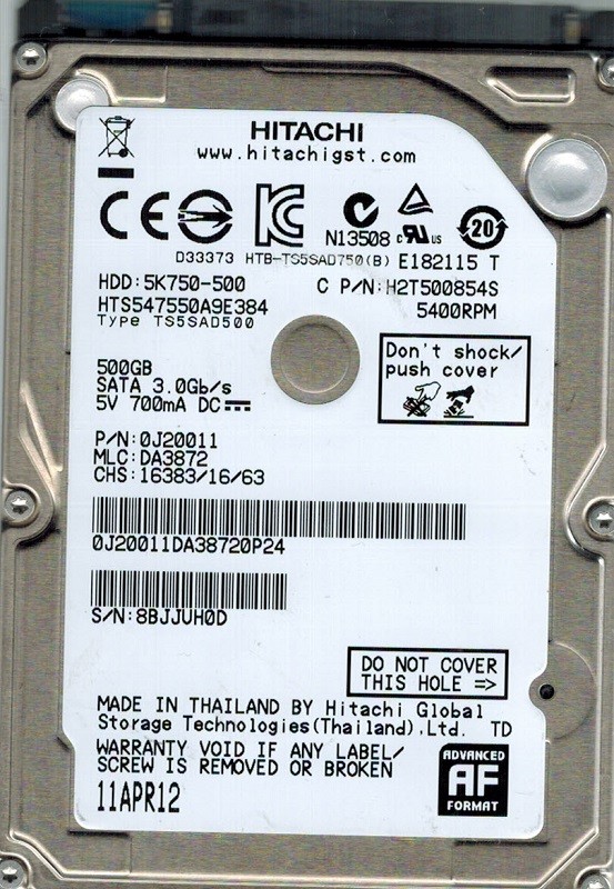 Hitachi HTS547550A9E384 MLC: DA3872 P/N: 0J20011 500GB