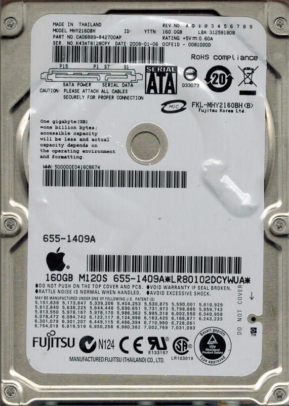 Fujitsu MHY2160BH 160GB P/N: CA06889-B42700AP DATE: 2008-01-06 MAC 655-1409A