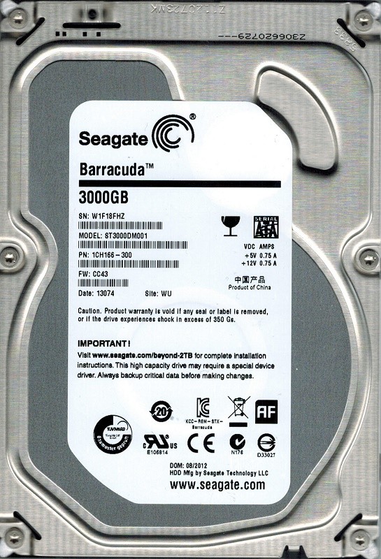 Seagate ST3000DM001 P/N: 1CH166-300 F/W: CC43 3TB WU