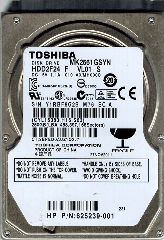 Toshiba MK2561GSYN HDD2F24 F VL01 S 250GB F/W: A0/MH000C