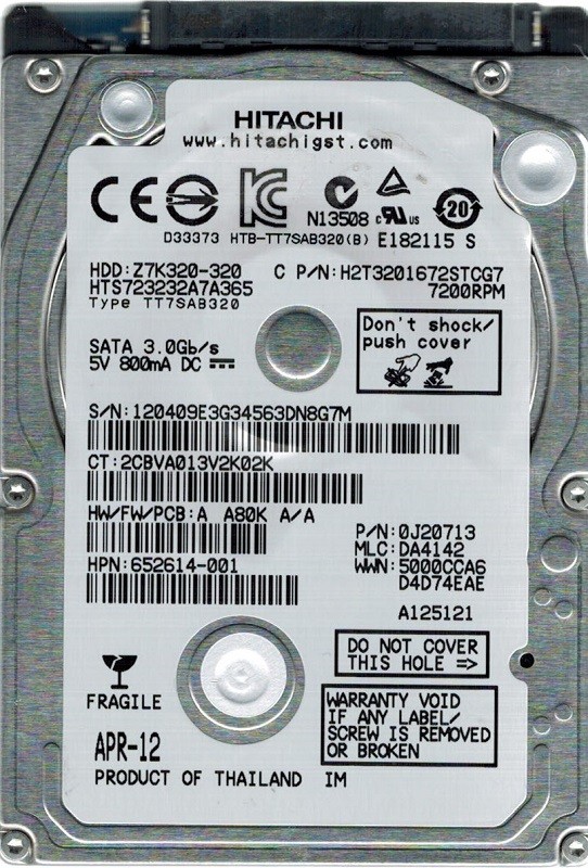 Hitachi HTS723232A7A365 P/N: 0J20713 MLC: DA4142 320GB