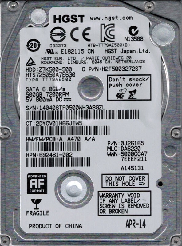 Hitachi HTS725050A7E630 P/N: 0J26165 MLC: DA6220 500GB