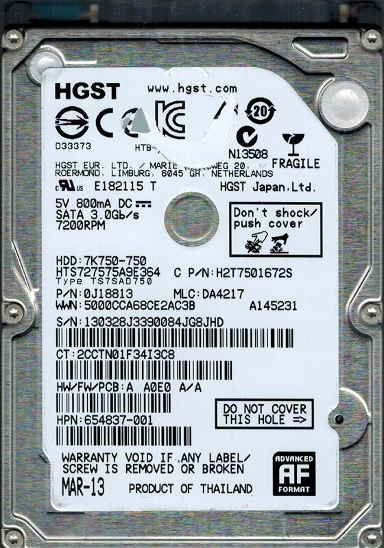 HGST HTS727575A9E364 MLC: DA4217 P/N: 0J18813 750GB