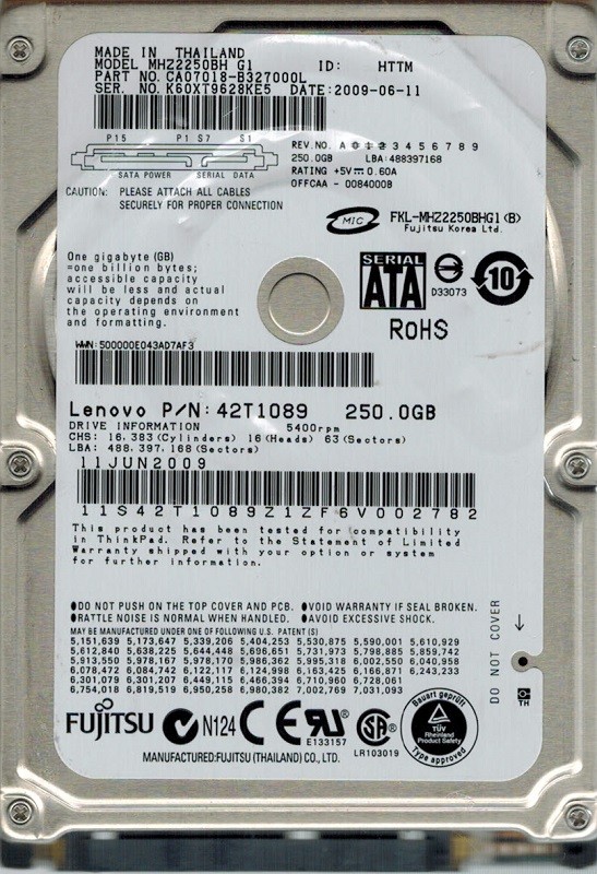 Fujitsu MHZ2250BH P/N: CA07018-B32700DL 250GB DATE: 2009-06-11