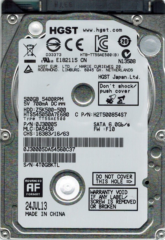 HGST HTS545050A7E680 P/N: 0J30005 MLC: DA5456 500GB 