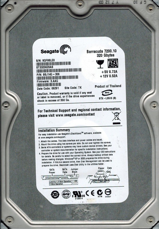Seagate ST3320620AS 320GB P/N: 9BJ14G-306 F/W: 3.AAG TK
