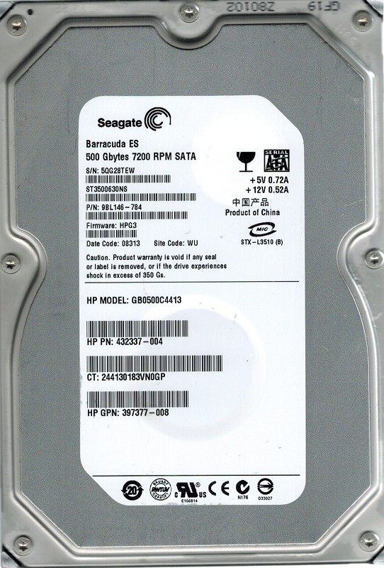 Seagate ST3500630NS P/N: 9BL146-784 F/W: HPG3 WU 500GB