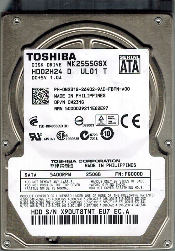 Toshiba MK2555GSX 250GB HDD2H24 D UL01 T F/W: A0/FG000D