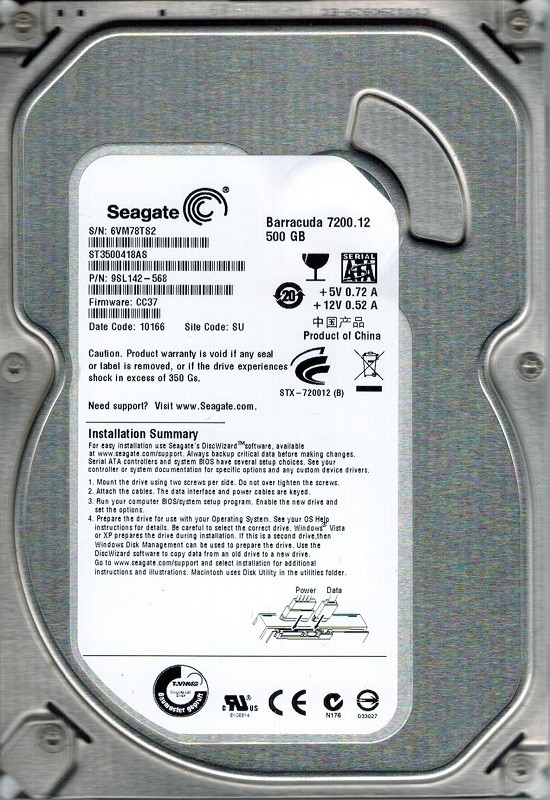 Seagate ST3500418AS P/N: 9SL142-568 F/W: CC37 SU 500GB