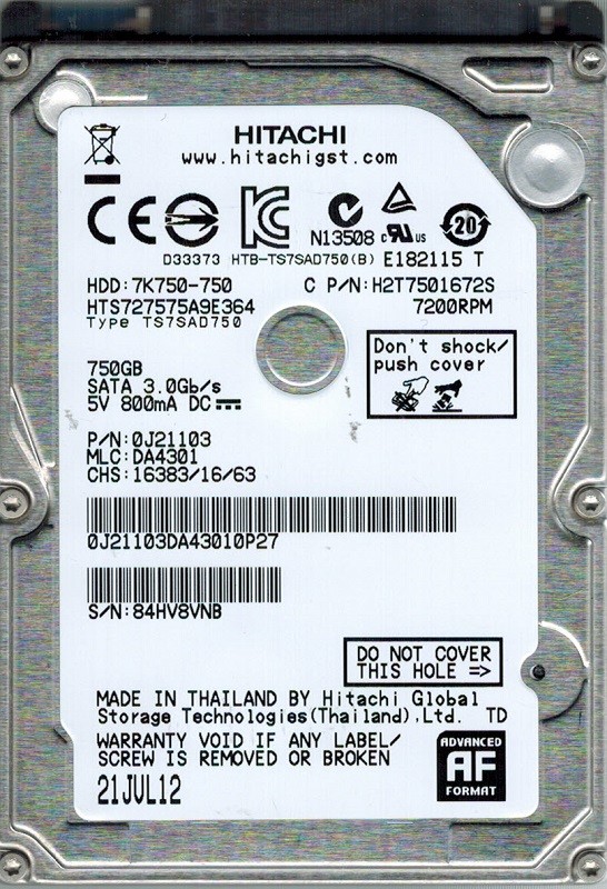 Hitachi HTS727575A9E364 P/N: 0J21103 MLC: DA4301 750GB