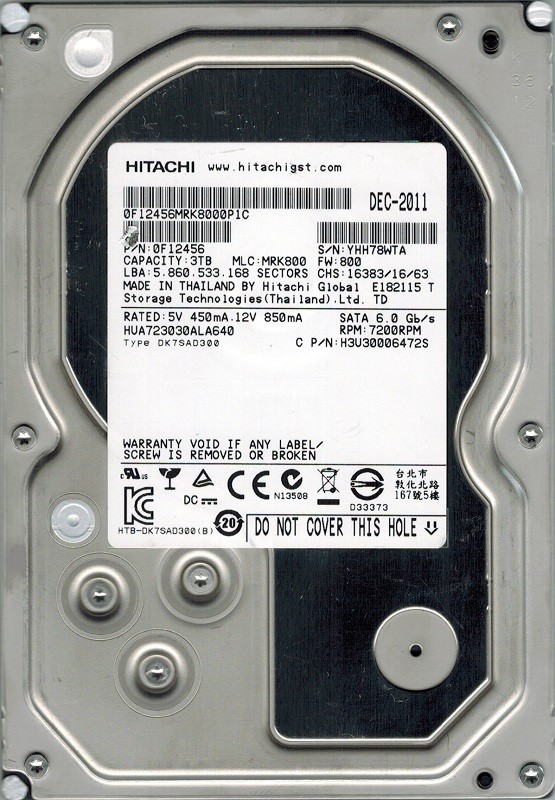 Hitachi HUA723030ALA640 P/N: 0F12456 MLC: MRK800 3TB 