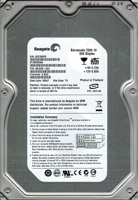 Seagate ST3500830A P/N: 9BJ036-224 F/W: 3.AAD 500GB TK