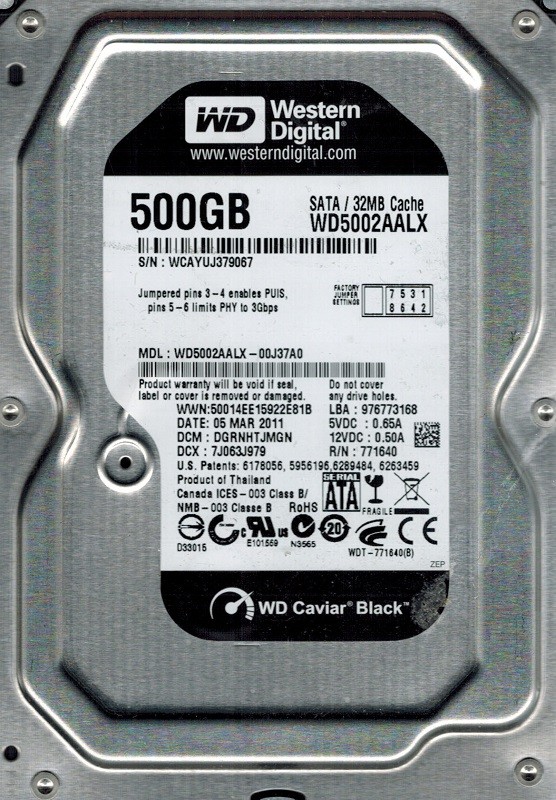 Western Digital WD5002AALX-00J37A0 500GB DCM: DGRNHTJMGN