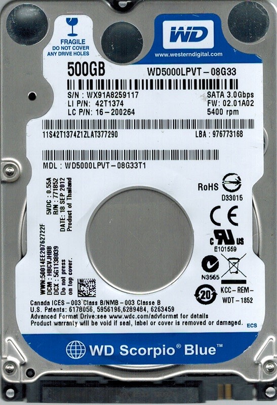 Western Digital WD5000LPVT-08G33T1 500GB DCM: HBCVJHBB WX91A