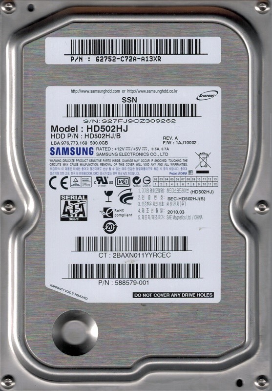 Samsung HD502HJ/B P/N: 62752-C72A-A13XR F/W: 1AJ10002 500GB