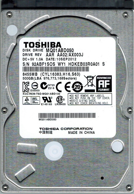 Toshiba MQ01ABD050 500GB AAR AA02/AX003J CHINA