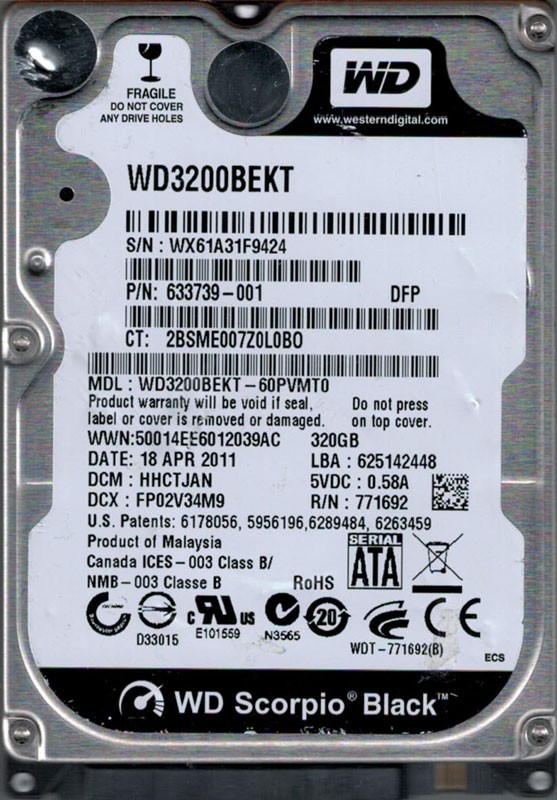 Western Digital WD3200BEKT-60PVMT0 DCM: HHCTJAN 320GB